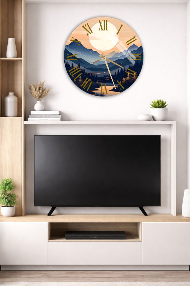 KIRILMAZ CAM DUVAR SAATİ, HEM TABLO HEM SAAT AY IŞIĞI DAĞ MANZARASI SANATSAL TASARIM EV OFİS HEDİYESİ