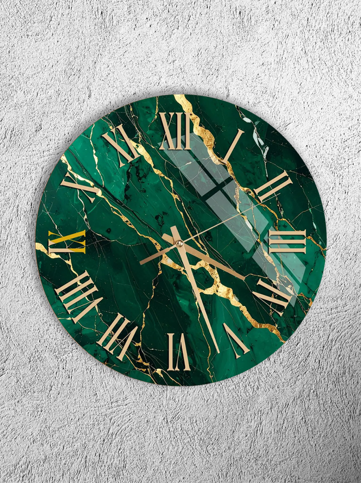 KIRILMAZ CAM DUVAR SAATİ, YEŞİL MERMER ROMA RAKAMLI ŞIK TASARIM, HEM TABLO HEM SAAT EV OFİS HEDİYESİ