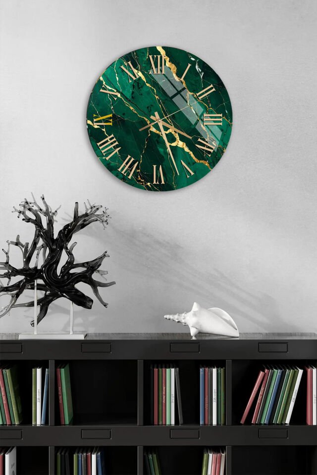 KIRILMAZ CAM DUVAR SAATİ, YEŞİL MERMER ROMA RAKAMLI ŞIK TASARIM, HEM TABLO HEM SAAT EV OFİS HEDİYESİ