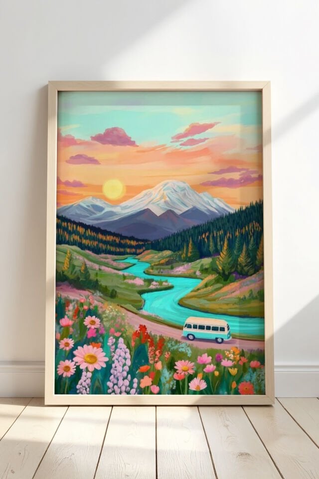 DOĞAL AHŞAP - Doğal Ahşap çerçeveli Soyut Dağ Sanat Eseri, Duvar tablosu