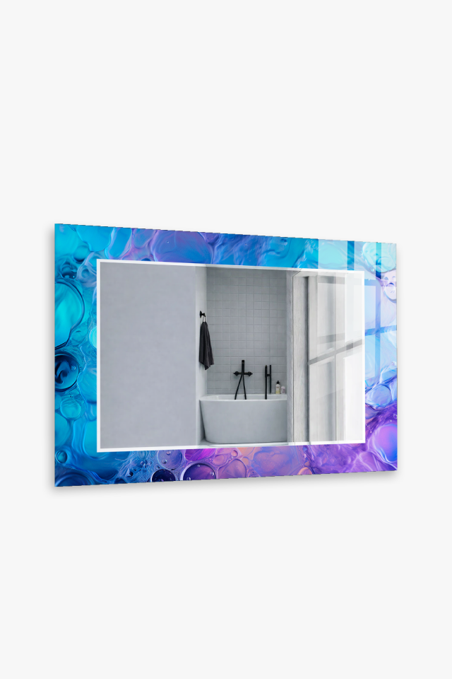 HEM TABLO HEM AYNA MAVİ MOR AKIŞKAN BOYA SOYUT CAM DUVAR AYNASI EV DEKORU