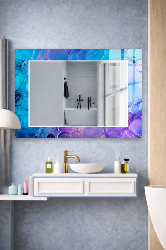 HEM TABLO HEM AYNA MAVİ MOR AKIŞKAN BOYA SOYUT CAM DUVAR AYNASI EV DEKORU
