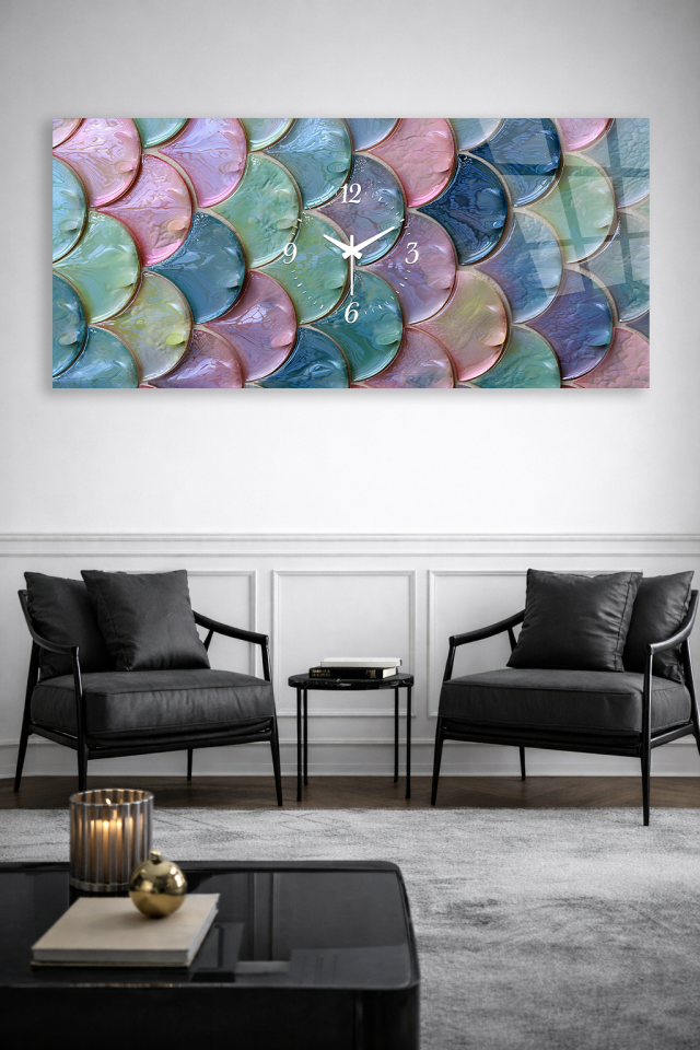 KIRILMAZ CAM DUVAR SAATİ , HEM TABLO HEM SAAT RENKLİ CAM PUL DESENİ MODERN EV OFİS HEDİYESİ