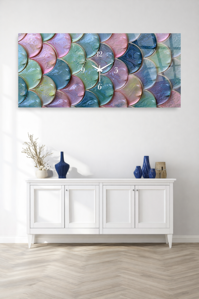 KIRILMAZ CAM DUVAR SAATİ , HEM TABLO HEM SAAT RENKLİ CAM PUL DESENİ MODERN EV OFİS HEDİYESİ