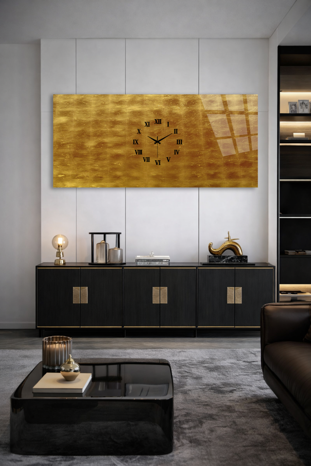 KIRILMAZ CAM DUVAR SAATİ , HEM TABLO HEM SAAT ALTIN VARAK DOKULU LÜKS EV OFİS HEDİYESİ