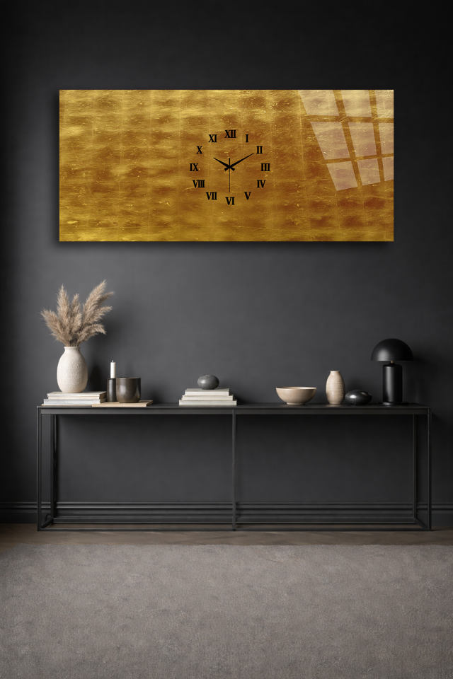 KIRILMAZ CAM DUVAR SAATİ , HEM TABLO HEM SAAT ALTIN VARAK DOKULU LÜKS EV OFİS HEDİYESİ