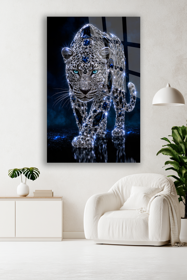 GÜMÜŞ ELMAS İŞLEMELİ LEOPAR FİGÜRLÜ LÜKS CAM TABLO EV OFİS HEDİYESİ