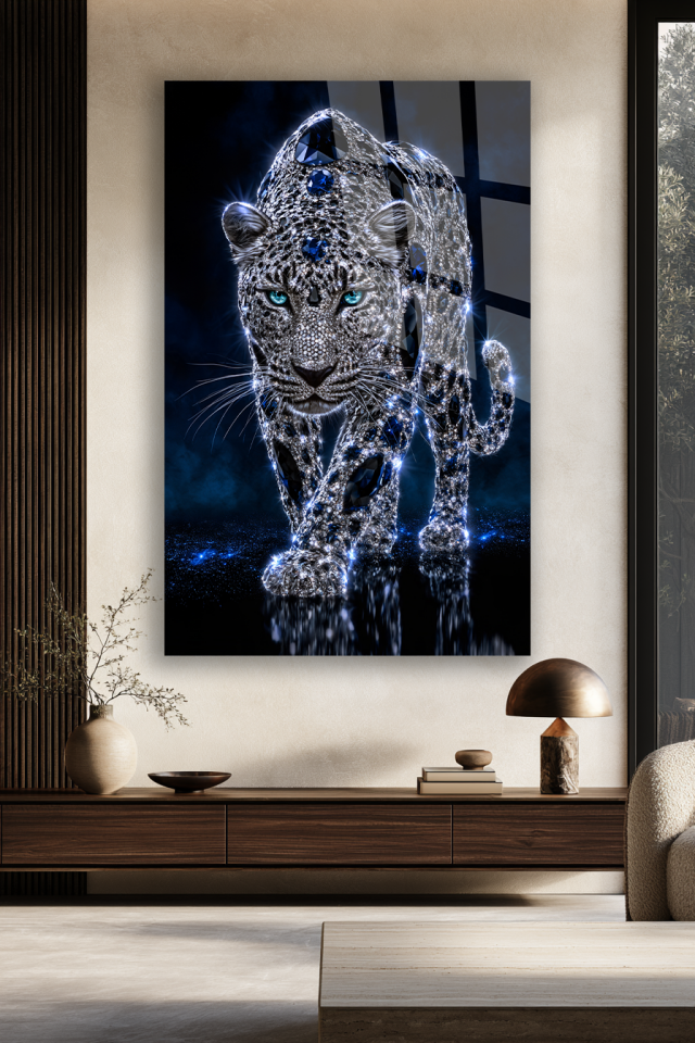 GÜMÜŞ ELMAS İŞLEMELİ LEOPAR FİGÜRLÜ LÜKS CAM TABLO EV OFİS HEDİYESİ