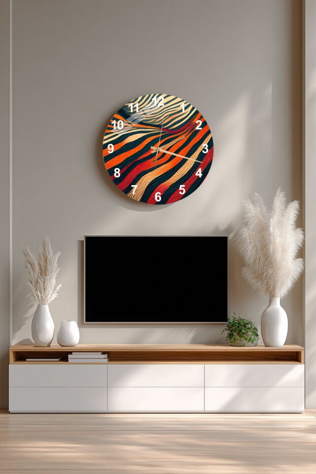 KIRILMAZ CAM DUVAR SAATİ, HEM TABLO HEM SAAT SOYUT DALGA DESEN MODERN RENKLİ TASARIM EV OFİS HEDİYESİ