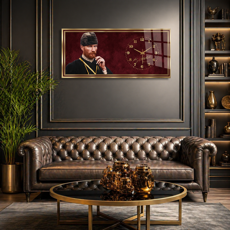 KIRILMAZ CAM DUVAR SAATİ, HEM TABLO HEM SAAT ATATÜRK PORTRELİ BORDO GOLD ÇERÇEVELİ TASARIM EV OFİS HEDİYESİ