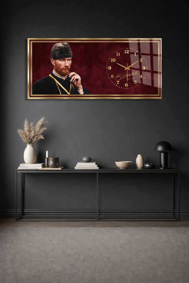 KIRILMAZ CAM DUVAR SAATİ, HEM TABLO HEM SAAT ATATÜRK PORTRELİ BORDO GOLD ÇERÇEVELİ TASARIM EV OFİS HEDİYESİ