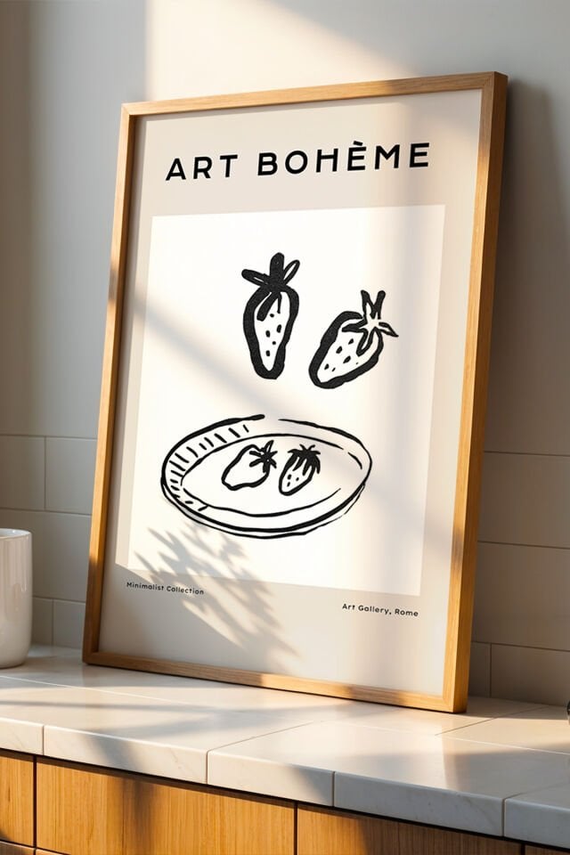 DOĞAL AHŞAP - Minimalist Çilek Desenleri – Doğal Ahşap Çerçeveli Mutfak Duvar Tablosu