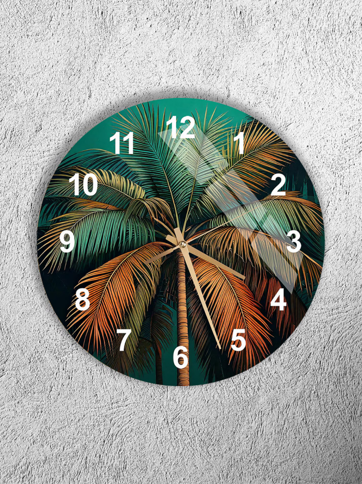 KIRILMAZ CAM DUVAR SAATİ, PALMİYE YAPRAKLARI TROPİK DESENLİ, HEM TABLO HEM SAAT EV OFİS HEDİYESİ