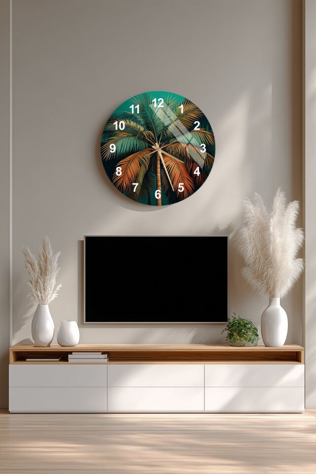 KIRILMAZ CAM DUVAR SAATİ, PALMİYE YAPRAKLARI TROPİK DESENLİ, HEM TABLO HEM SAAT EV OFİS HEDİYESİ