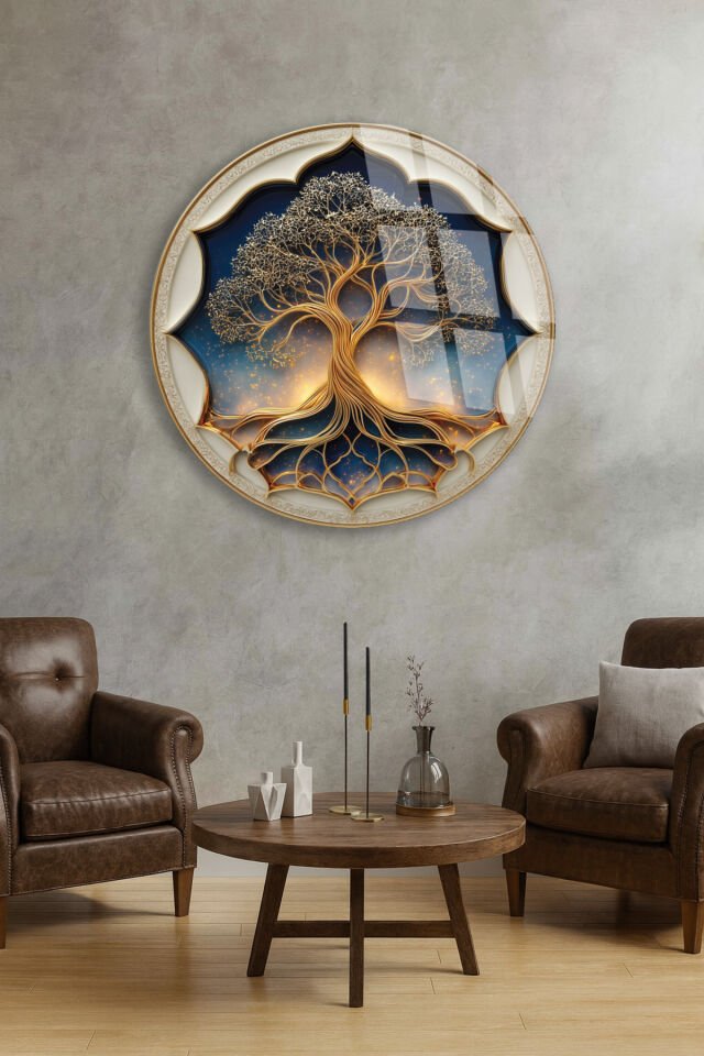 Altın Hayat Ağacı Cam Tablo – Bereket ve Zarafet Sembolü Lacivert
