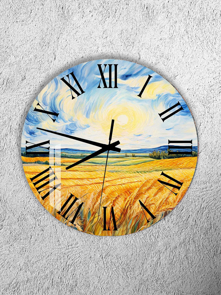 KIRILMAZ CAM DUVAR SAATİ, HEM TABLO HEM SAAT BUĞDAY TARLASI VAN GOGH STİLİ SANAT EV OFİS HEDİYESİ