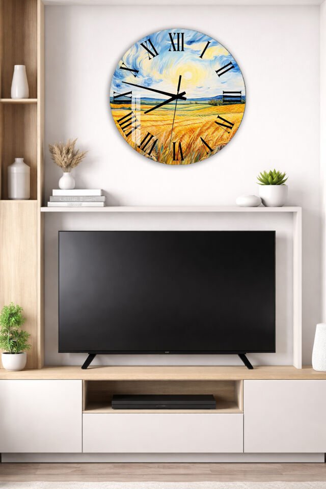 KIRILMAZ CAM DUVAR SAATİ, HEM TABLO HEM SAAT BUĞDAY TARLASI VAN GOGH STİLİ SANAT EV OFİS HEDİYESİ