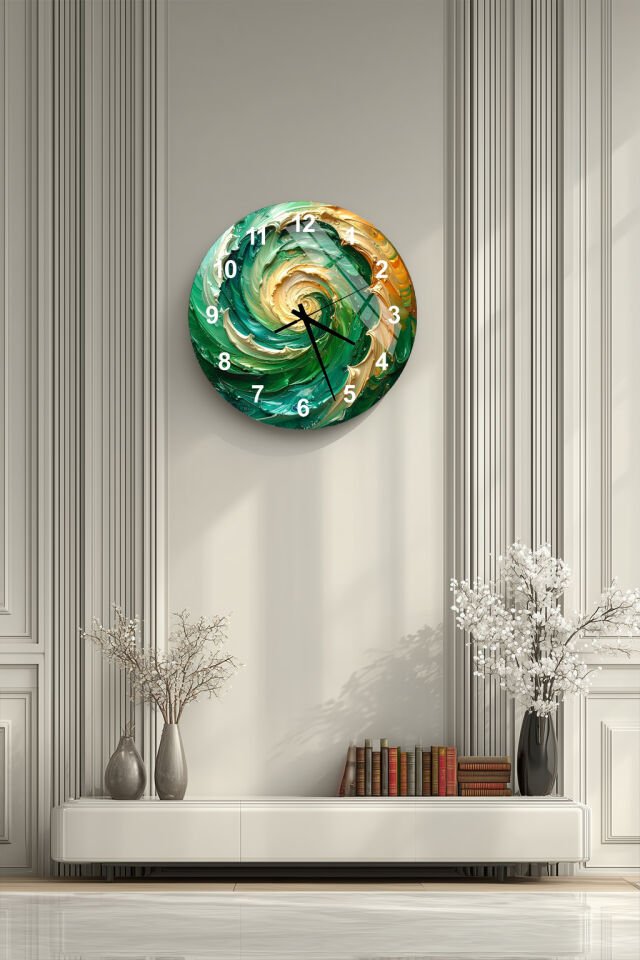 KIRILMAZ CAM DUVAR SAATİ, HEM TABLO HEM SAAT YEŞİL ALTIN SPİRAL SOYUT SANAT EV OFİS HEDİYESİ