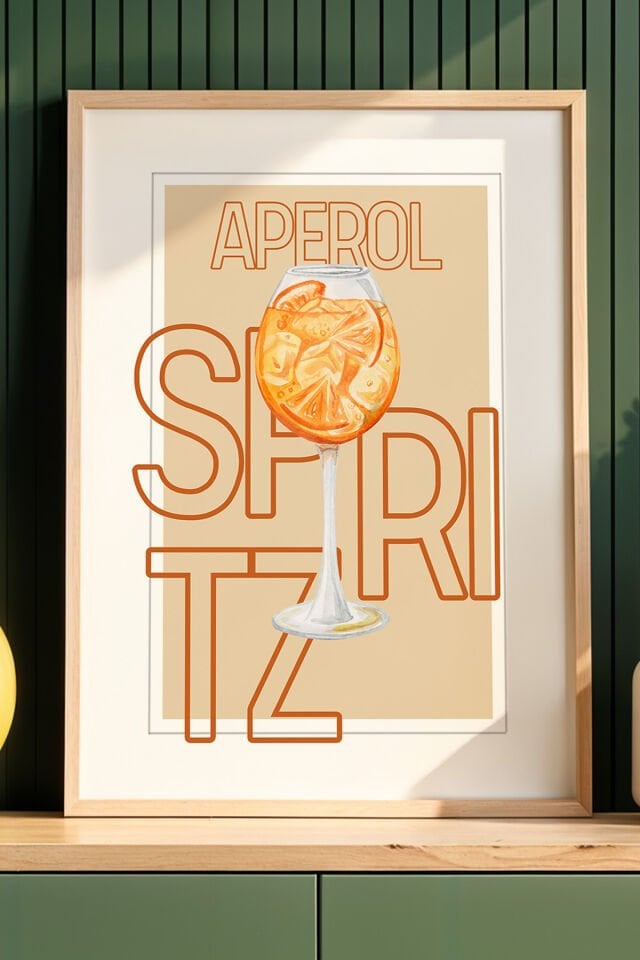 DOĞAL AHŞAP - Aperol Spritz İllüstrasyonu Mutfak Ahşap Çerçeveli Duvar Tablosu