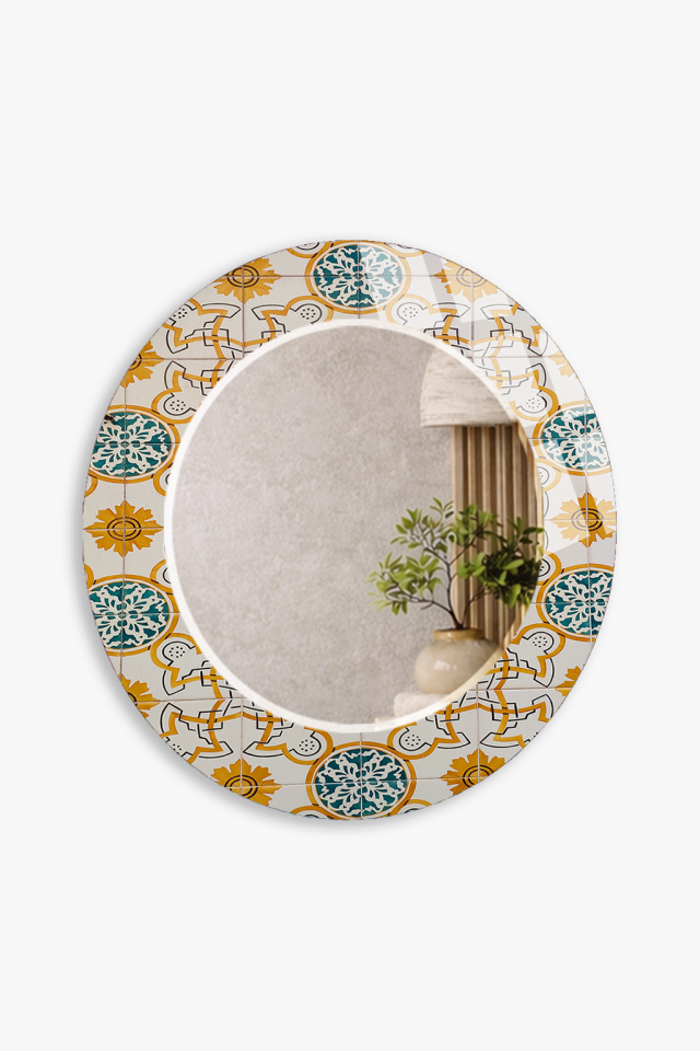 HEM TABLO HEM AYNA SARI MAVİ OSMANLI ÇİNİ DESEN CAM DUVAR AYNASI EV DEKORU