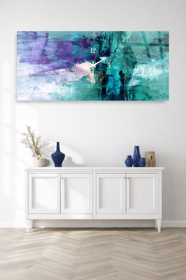 KIRILMAZ CAM DUVAR SAATİ , HEM TABLO HEM SAAT SOYUT TURKUAZ MOR TASARIM EV OFİS HEDİYESİ