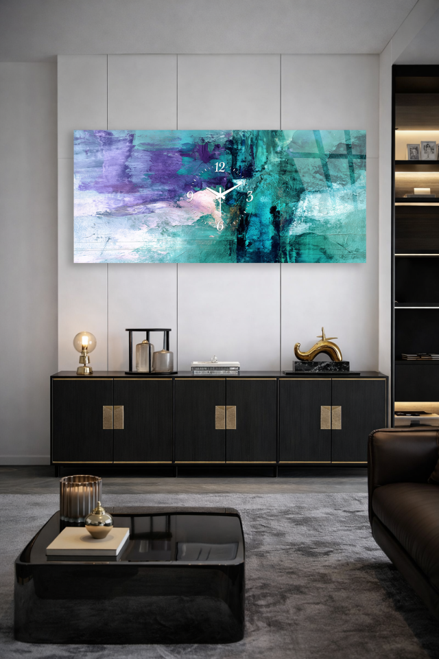 KIRILMAZ CAM DUVAR SAATİ , HEM TABLO HEM SAAT SOYUT TURKUAZ MOR TASARIM EV OFİS HEDİYESİ