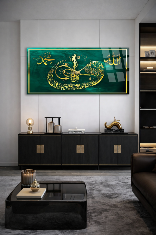 KIRILMAZ CAM DUVAR SAATİ , HEM TABLO HEM SAAT YEŞİL ALTIN HAT SANATI İSLAMİ EV OFİS HEDİYESİ