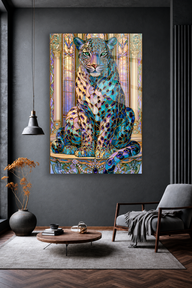 RENKLİ VİTRAY MÜCEVHERLİ LEOPAR FİGÜRLÜ DEKORATİF CAM TABLO EV OFİS HEDİYESİ
