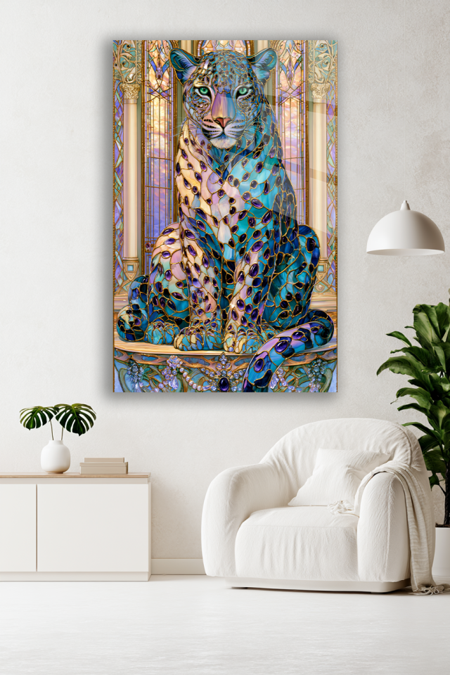 RENKLİ VİTRAY MÜCEVHERLİ LEOPAR FİGÜRLÜ DEKORATİF CAM TABLO EV OFİS HEDİYESİ