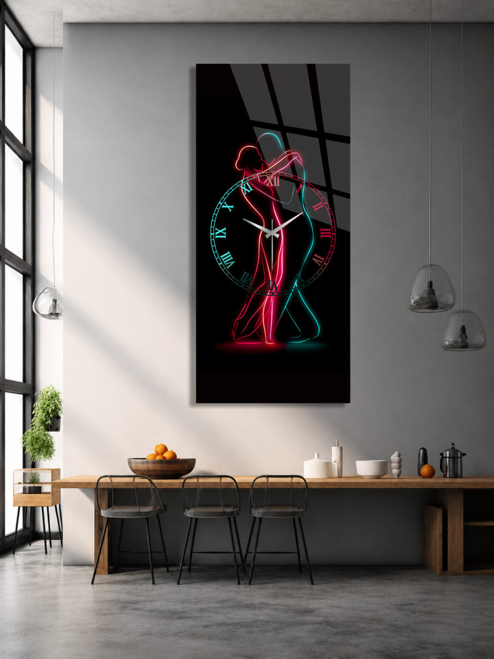 KIRILMAZ CAM DUVAR SAATİ, HEM TABLO HEM SAAT NEON DANS EDEN ÇİFT TEMALI MODERN DİKEY TASARIM EV OFİS HEDİYESİ