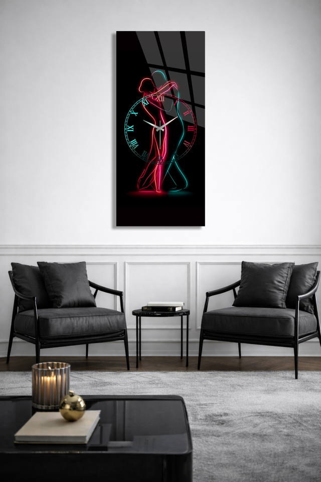 KIRILMAZ CAM DUVAR SAATİ, HEM TABLO HEM SAAT NEON DANS EDEN ÇİFT TEMALI MODERN DİKEY TASARIM EV OFİS HEDİYESİ
