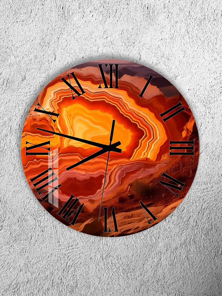 KIRILMAZ CAM DUVAR SAATİ, HEM TABLO HEM SAAT TURUNCU AGAT TAŞI DOĞAL DOKU EV OFİS HEDİYESİ