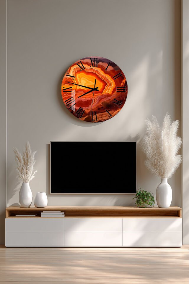 KIRILMAZ CAM DUVAR SAATİ, HEM TABLO HEM SAAT TURUNCU AGAT TAŞI DOĞAL DOKU EV OFİS HEDİYESİ