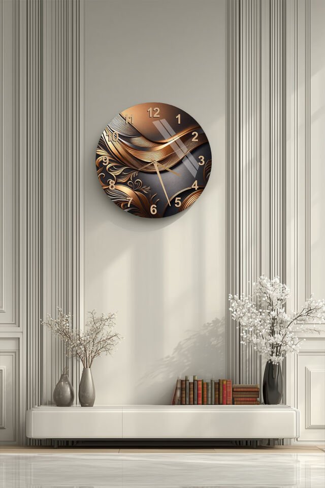 KIRILMAZ CAM DUVAR SAATİ, HEM TABLO HEM SAAT SİYAH ZEMİN ALTIN DALGA DESEN LÜKS EV OFİS HEDİYESİ