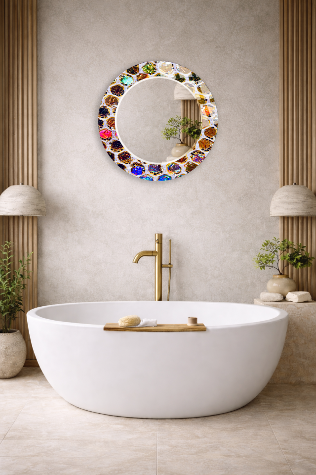 HEM TABLO HEM AYNA RENKLİ KRİSTAL MOZAIK DESEN CAM DUVAR AYNASI EV DEKORU