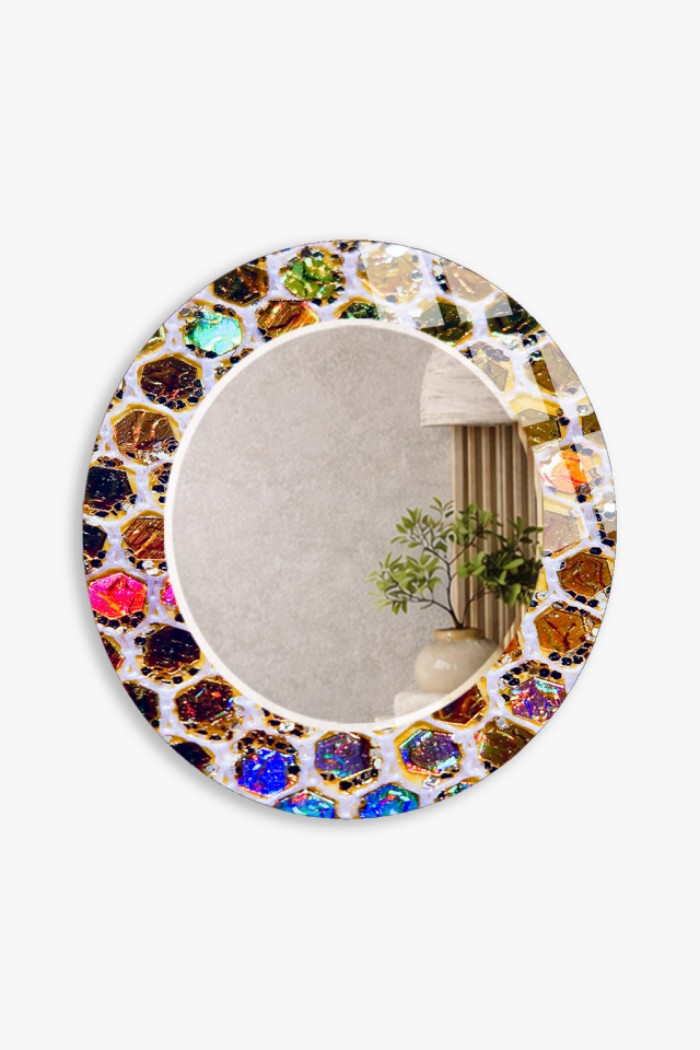 HEM TABLO HEM AYNA RENKLİ KRİSTAL MOZAIK DESEN CAM DUVAR AYNASI EV DEKORU