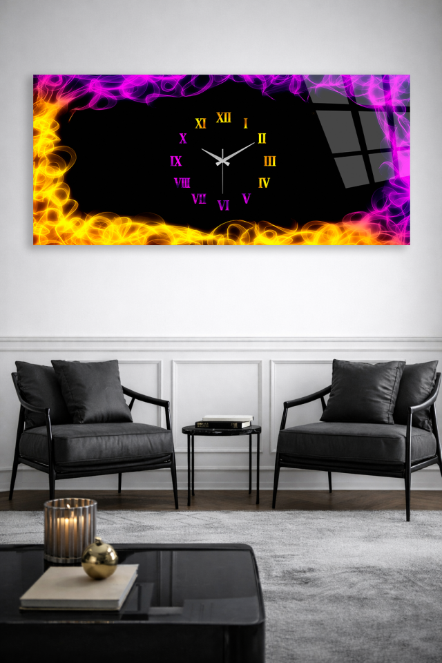 KIRILMAZ CAM DUVAR SAATİ , HEM TABLO HEM SAAT NEON ALEV EFEKTLİ MODERN TASARIM EV OFİS HEDİYESİ