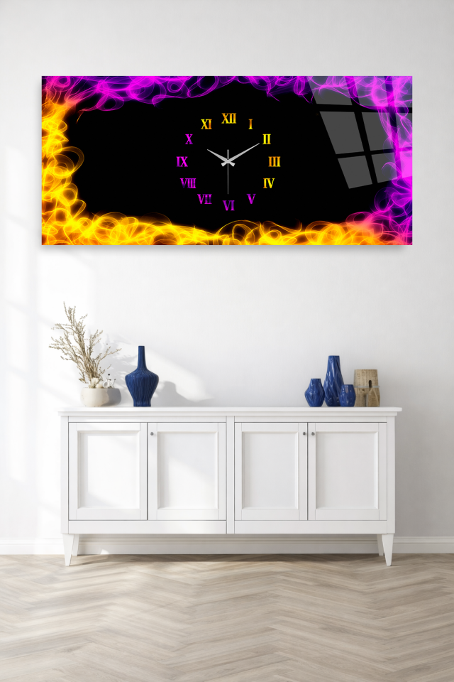 KIRILMAZ CAM DUVAR SAATİ , HEM TABLO HEM SAAT NEON ALEV EFEKTLİ MODERN TASARIM EV OFİS HEDİYESİ