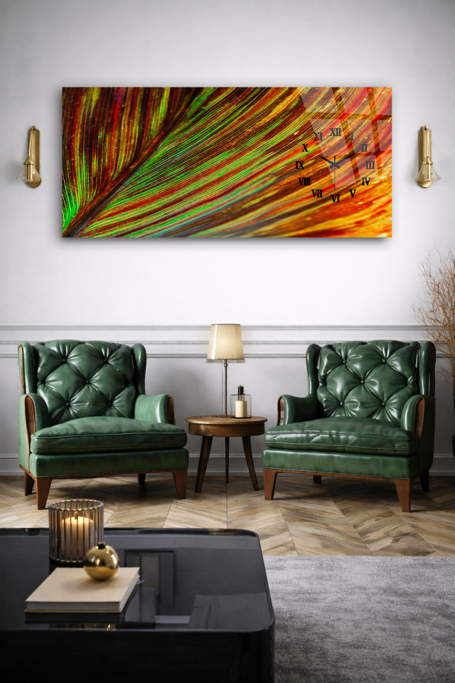 KIRILMAZ CAM DUVAR SAATİ , HEM TABLO HEM SAAT RENKLİ TÜY DESENLİ SANATSAL EV OFİS HEDİYESİ