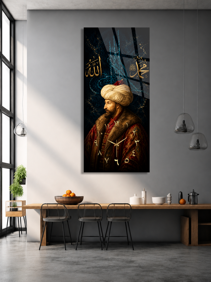 KIRILMAZ CAM DUVAR SAATİ, HEM TABLO HEM SAAT FATİH SULTAN MEHMET ALLAH MUHAMMED YAZILI DİKEY OSMANLI TASARIM EV OFİS HEDİYESİ