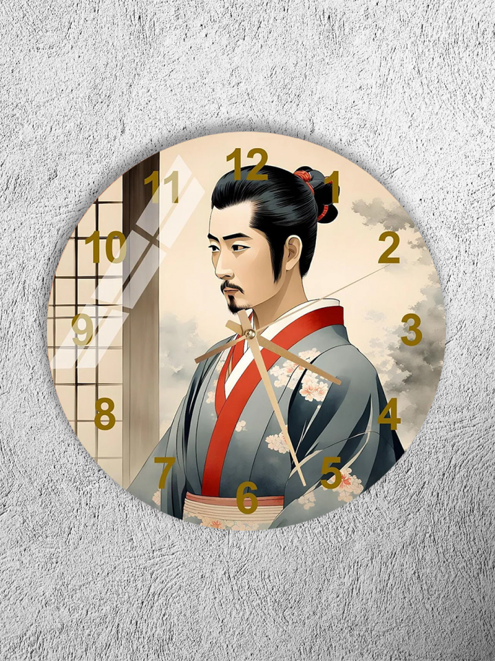 KIRILMAZ CAM DUVAR SAATİ, HEM TABLO HEM SAAT JAPON SANATI SAMURAY FİGÜRÜ EV OFİS HEDİYESİ