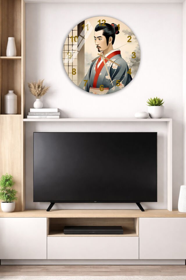 KIRILMAZ CAM DUVAR SAATİ, HEM TABLO HEM SAAT JAPON SANATI SAMURAY FİGÜRÜ EV OFİS HEDİYESİ