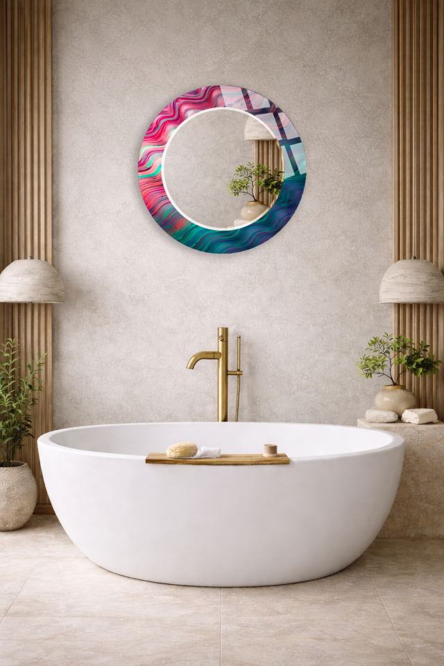 HEM TABLO HEM AYNA PEMBE TURKUAZ AKIŞKAN MERMER DESEN CAM DUVAR AYNASI EV DEKORU