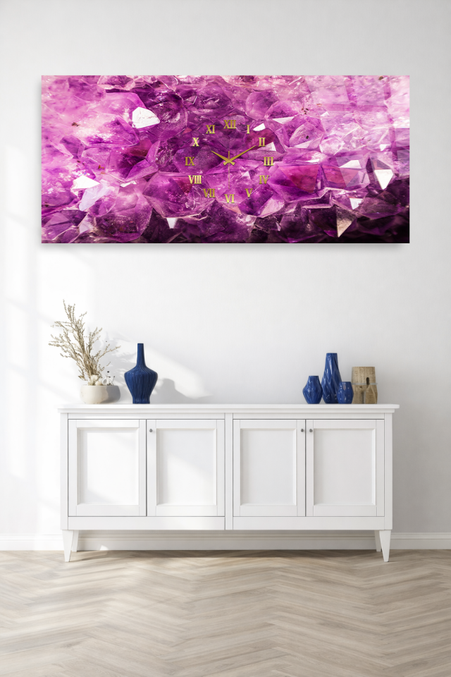 KIRILMAZ CAM DUVAR SAATİ , HEM TABLO HEM SAAT MOR KRİSTAL TAŞ DOKULU EV OFİS HEDİYESİ
