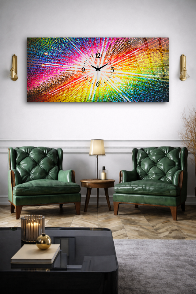 KIRILMAZ CAM DUVAR SAATİ , HEM TABLO HEM SAAT RENK PATLAMASI SOYUT MODERN EV OFİS HEDİYESİ