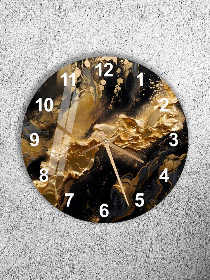 KIRILMAZ CAM DUVAR SAATİ, HEM TABLO HEM SAAT SİYAH ALTIN MERMER AKIŞKAN TASARIM EV OFİS HEDİYESİ