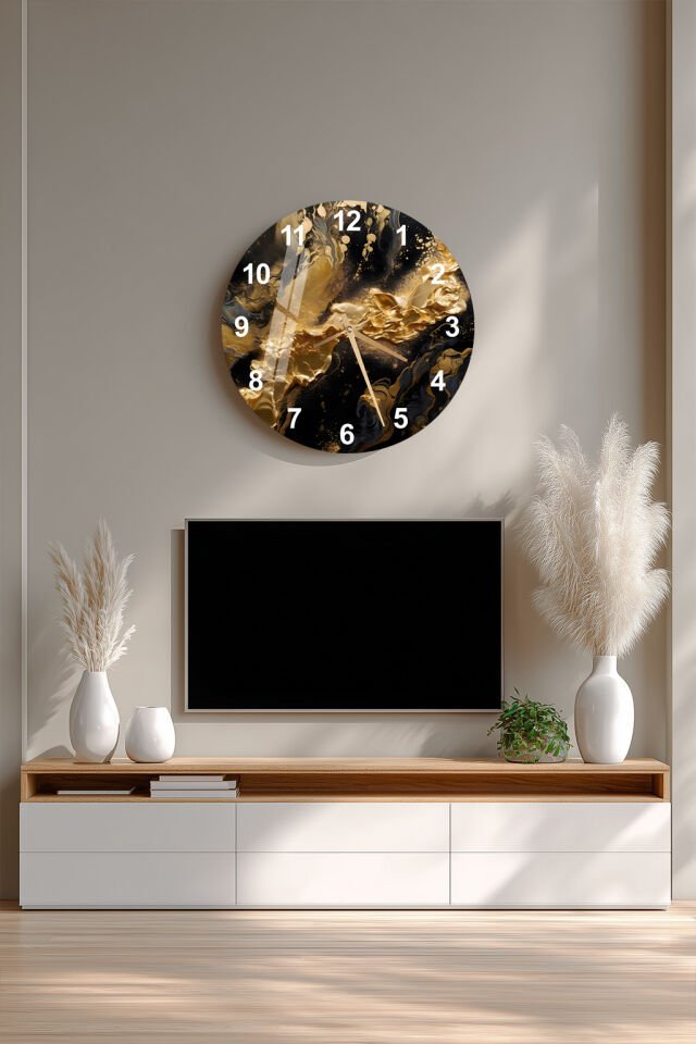 KIRILMAZ CAM DUVAR SAATİ, HEM TABLO HEM SAAT SİYAH ALTIN MERMER AKIŞKAN TASARIM EV OFİS HEDİYESİ