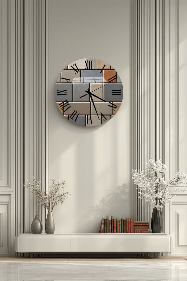 KIRILMAZ CAM DUVAR SAATİ, HEM TABLO HEM SAAT DOĞAL TAŞ SERAMİK KARE DESEN EV OFİS HEDİYESİ