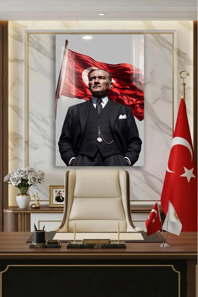 ATATÜRK TÜRK BAYRAKLI DEKORATİF CAM TABLO OFİS OKUL HEDİYESİ