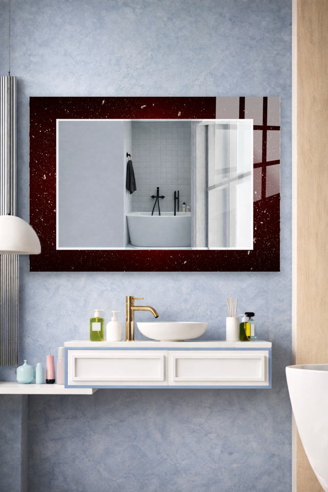 HEM TABLO HEM AYNA KOYU KIRMIZI YILDIZLI DOKU CAM DUVAR AYNASI EV DEKORU